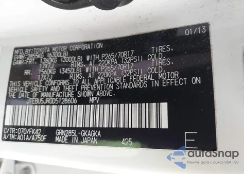 2013 Toyota 4Runner Sr5 z USA, uszkodzony, nr VIN JTEBU5JR0D5128606